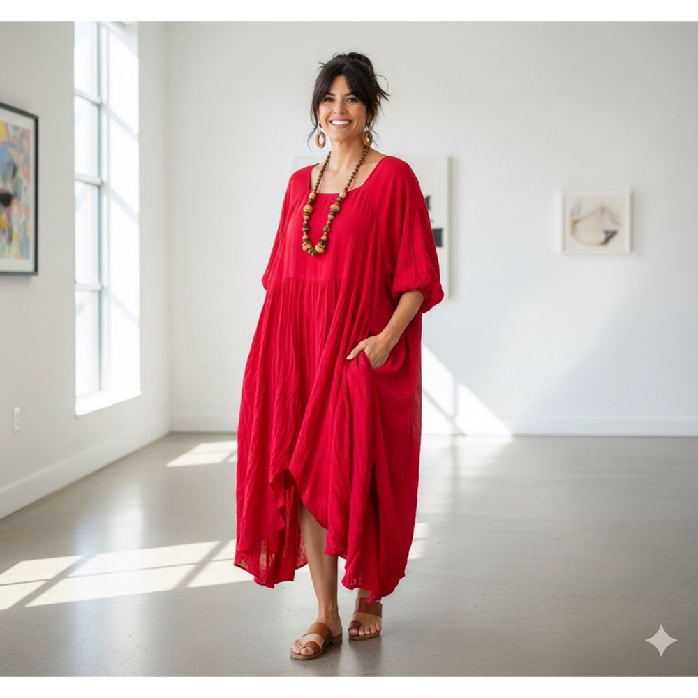 MANGA Italia Red Lagenlook Asymmetrical Silk Viscose Puff Sleeve Dress Size 2/M